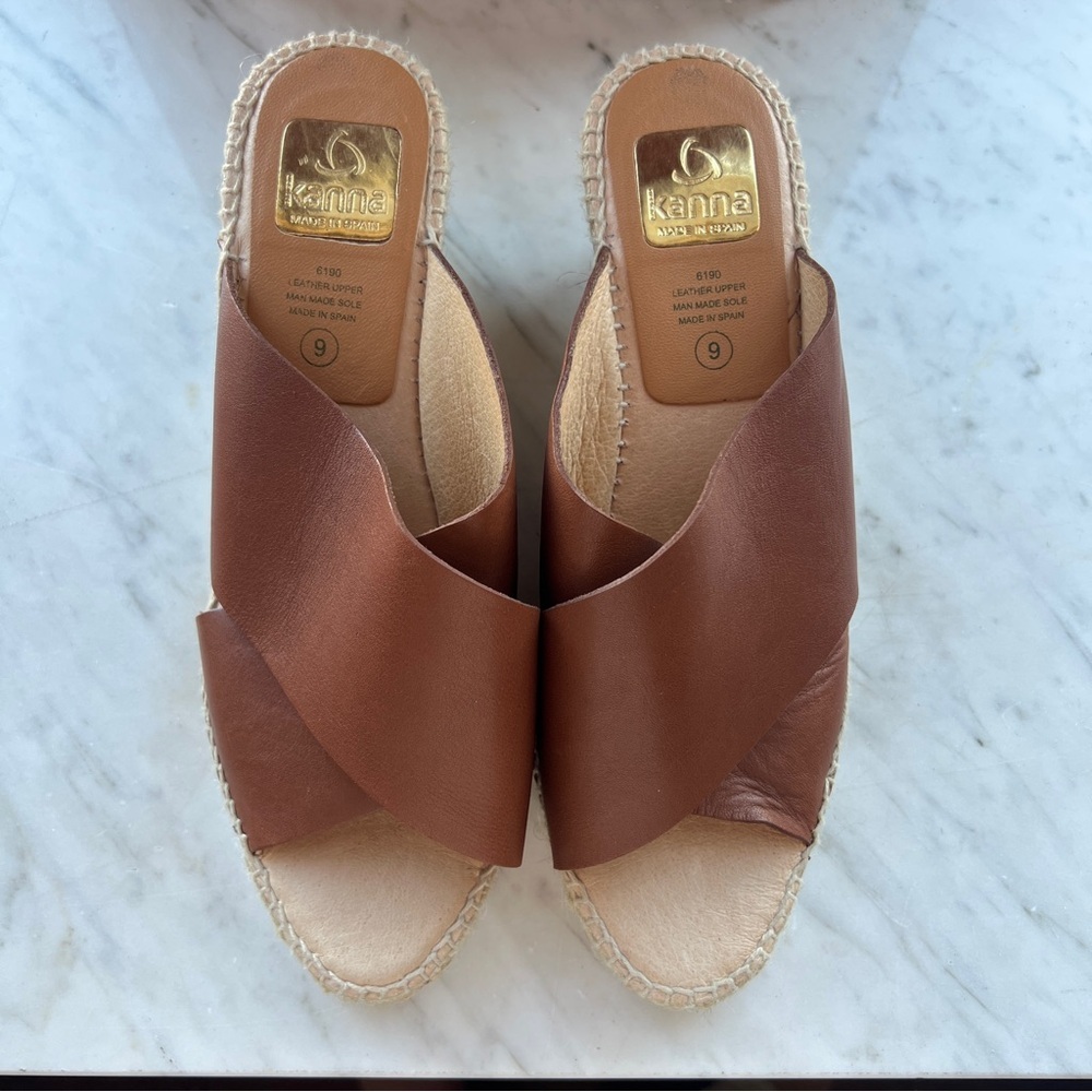 K Kanna Brown Leather Cross Strap Espadrille Wedge Sandals Size 9